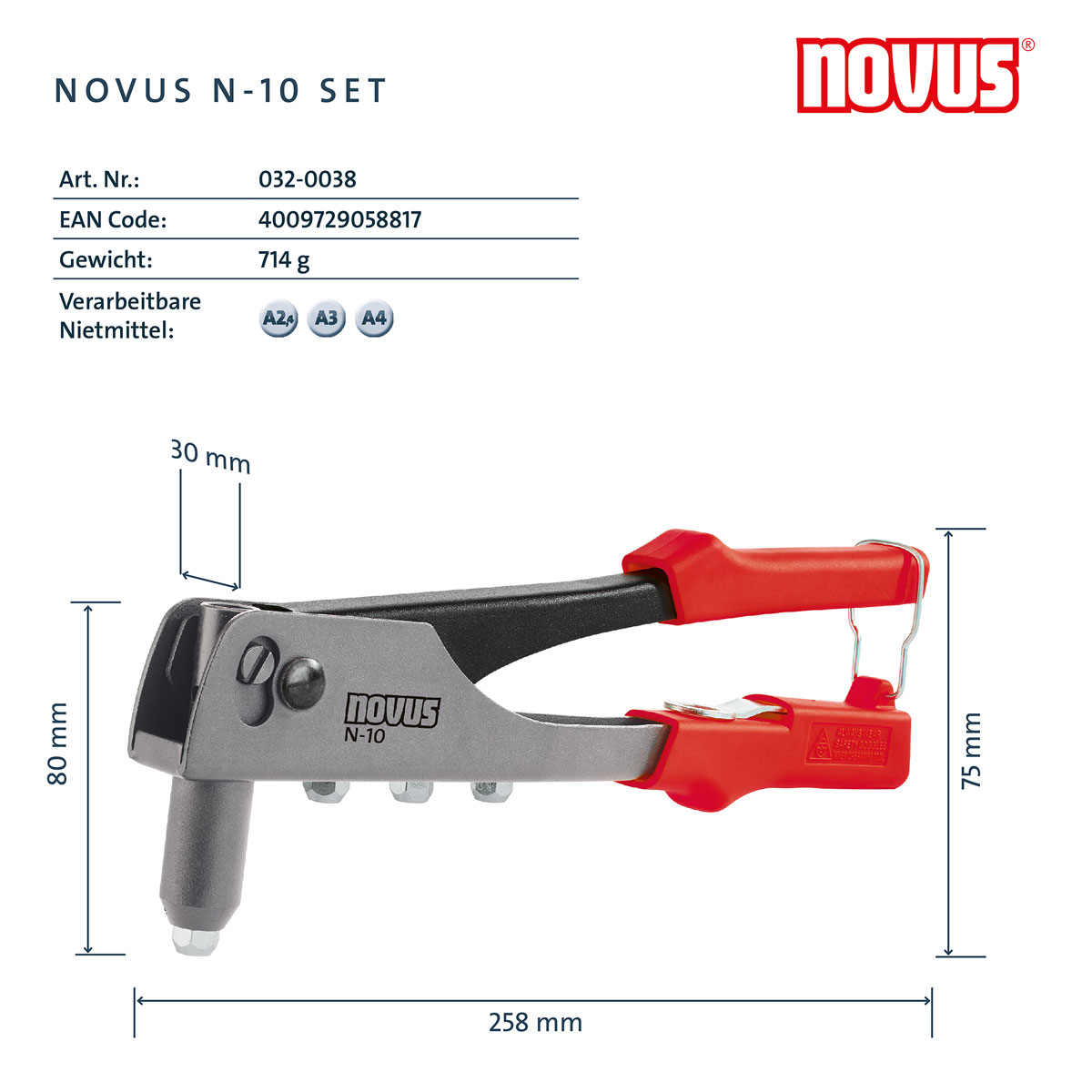 Novus Blindnietzange N-10 Set Nietzange inkl. 15x Aluminium