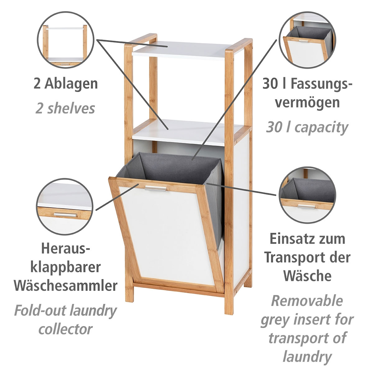 Finja Wäschesammler Bambus mit 2 integriertem mit und Ablagen aus Wäschebox Wenko Regal | 514380