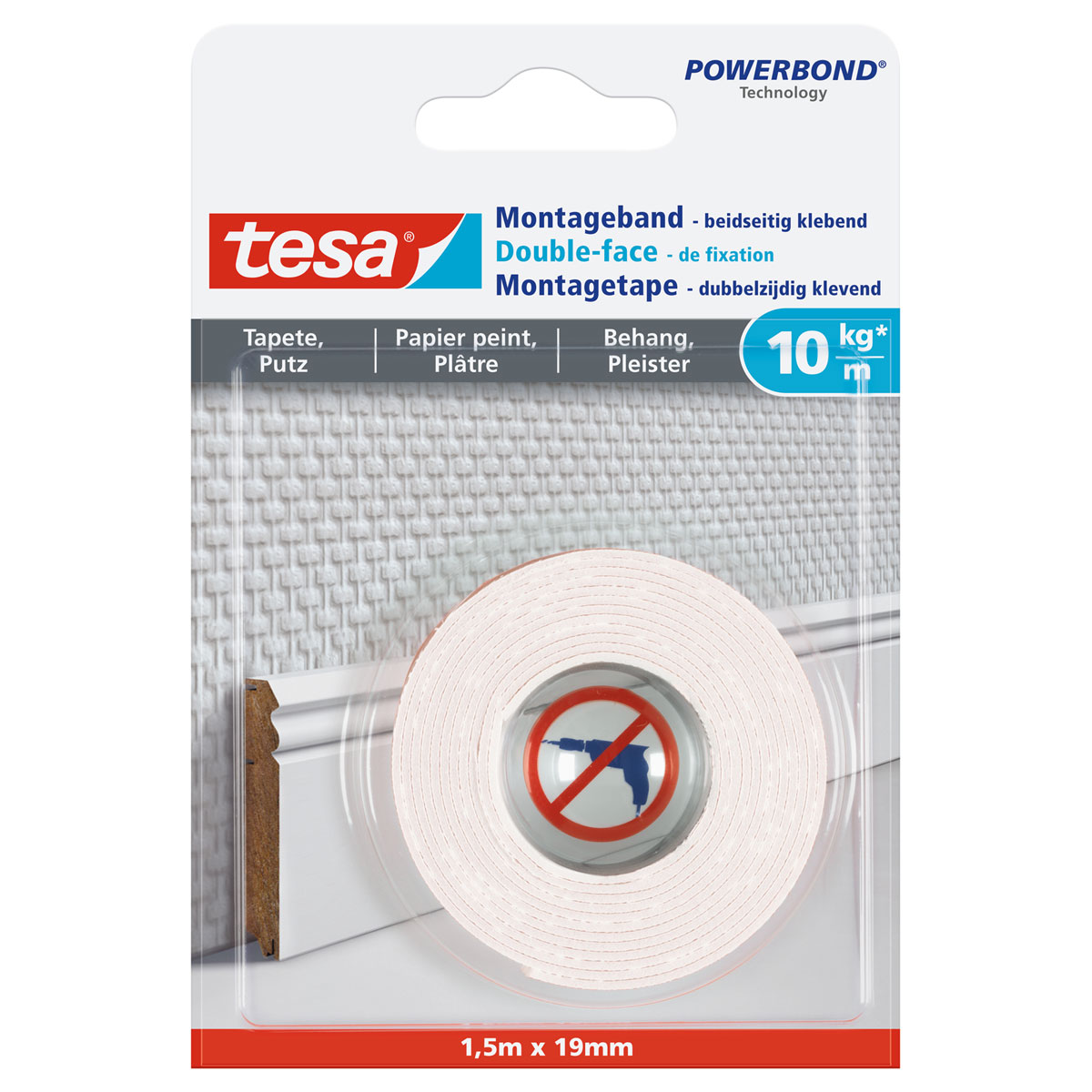 Tesa Montageband für Tapete und Putz 1,5 mm x 19 mm Traglast 10 kg