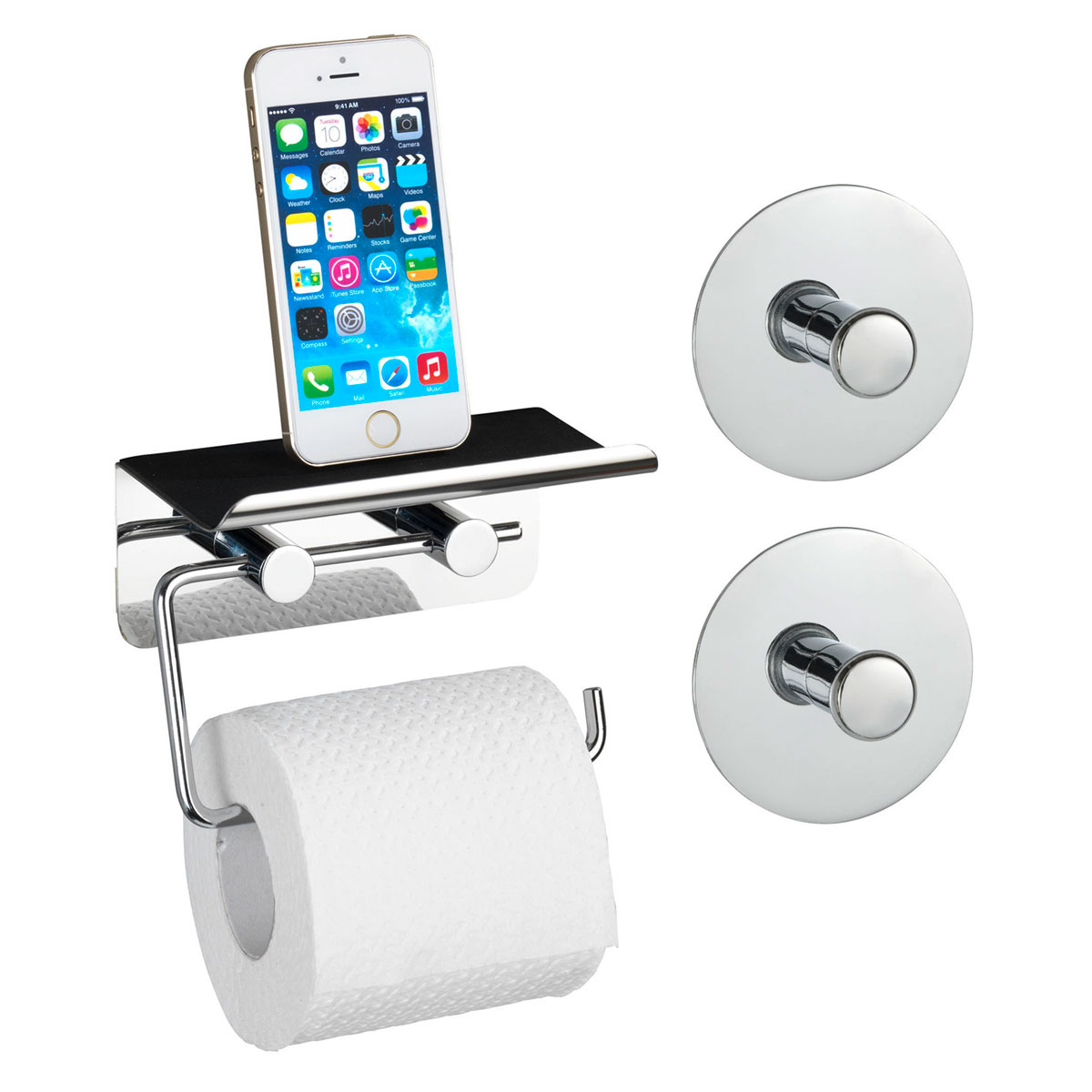 Wenko Toilettenpapierhalter mit Smartphone Ablage und 2 Turbo-Loc Haken  3-teiliges Set | 514875