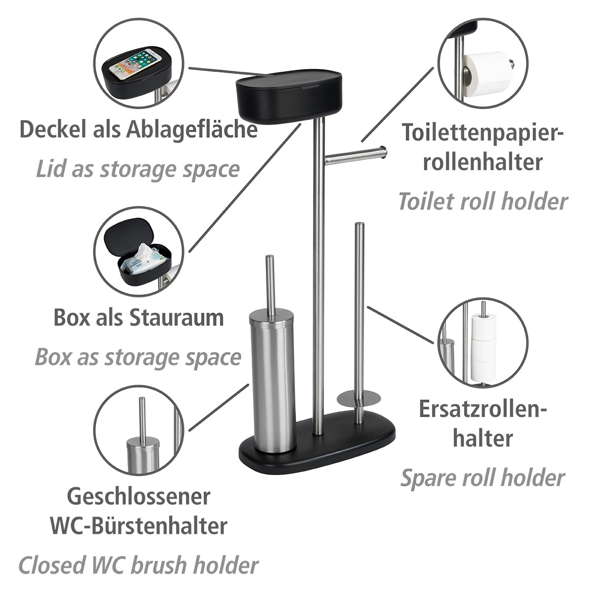 Wenko WC-Garnitur mit Toilettenpapierhalter | Rivazza WC-Bürstenhalter 514826 mit Ersatzrollenhalter Schwarz Box Ablagebox und integrierter Stand