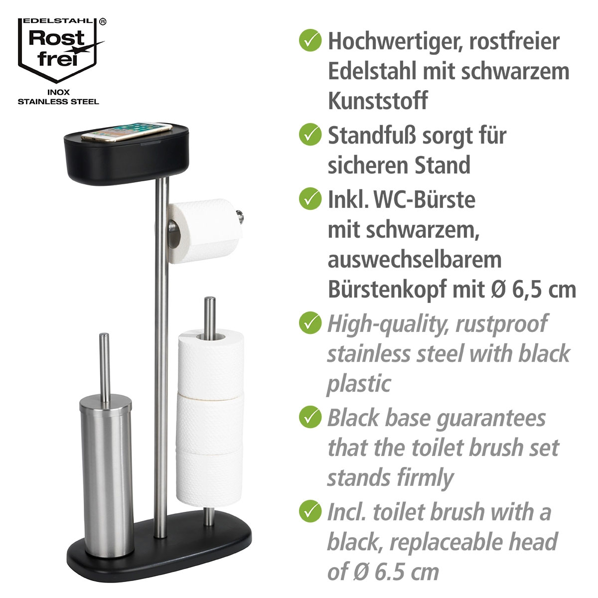 Wenko Stand WC-Garnitur mit Schwarz mit Rivazza 514826 integrierter Box Ablagebox Toilettenpapierhalter | WC-Bürstenhalter und Ersatzrollenhalter