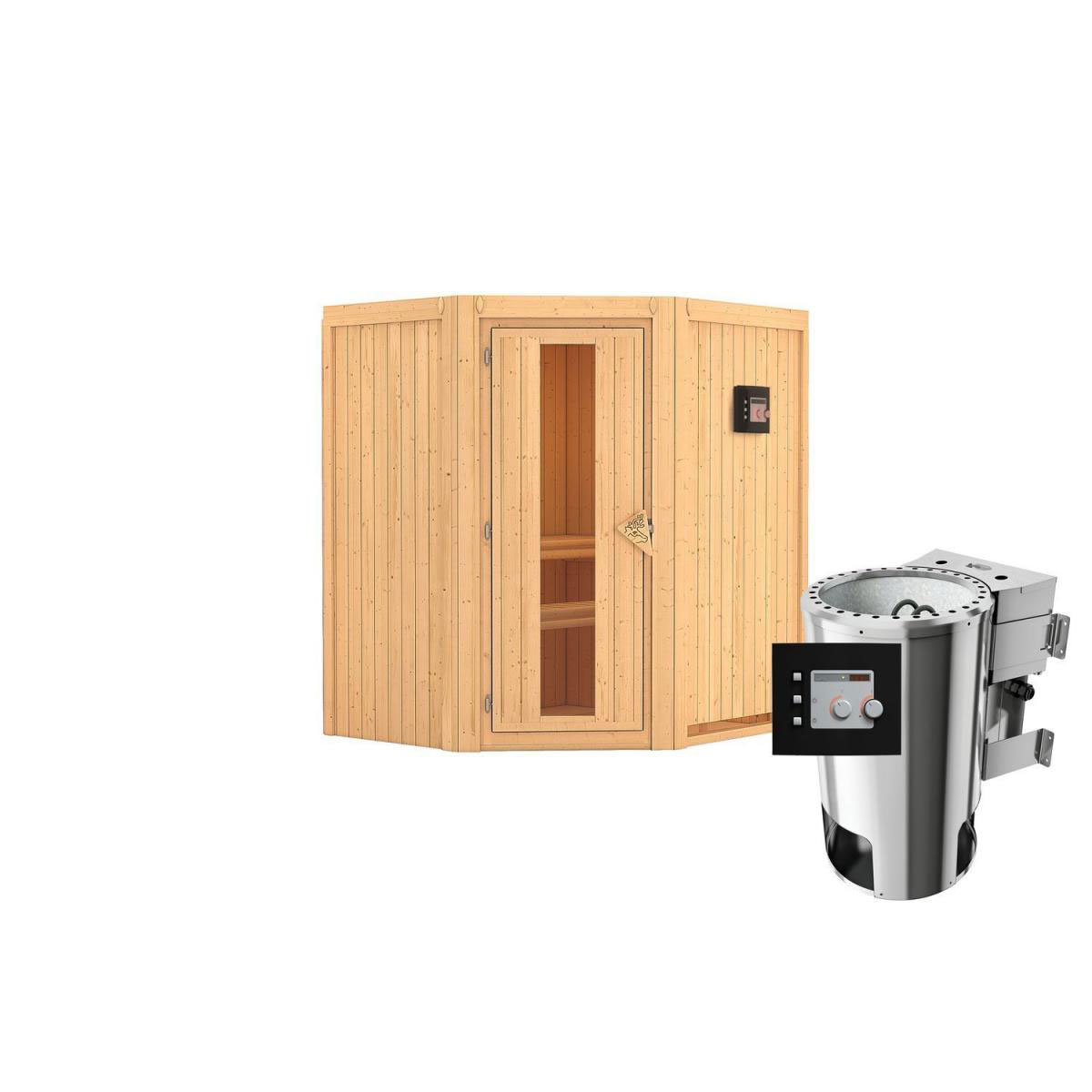 Karibu Sauna Tonja Eckeinstieg 3,6 kW Bio Ofen kein Kranz Klarglas-Tür |  Nein | Bio Ofen | Klarglastür | Nein | 222388
