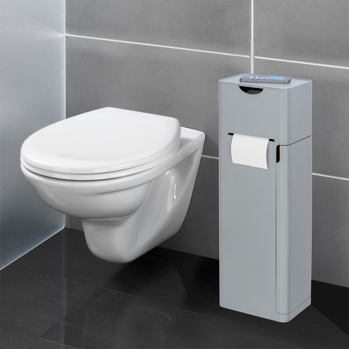 Wenko 6 Stauraumfächer WC-Bürstenhalter Stand integrierter und | Ablage Ersatzrollenhalter WC-Garnitur 514824 Grau Toilettenpapierhalter in matt 1 Imon